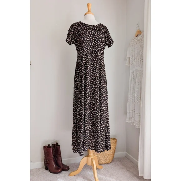 Vintage Black Floral Cinch Waist Flowy Maxi Length Dress - Picture 15 of 16